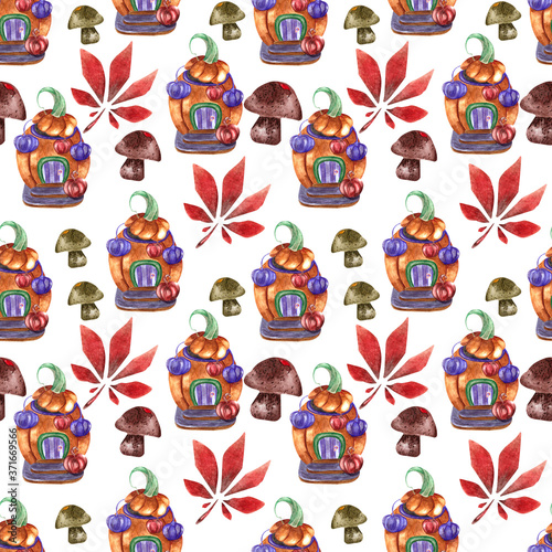 Halloween autumn watercolor seamless pattern isolated object on white background. For fabric and paper design