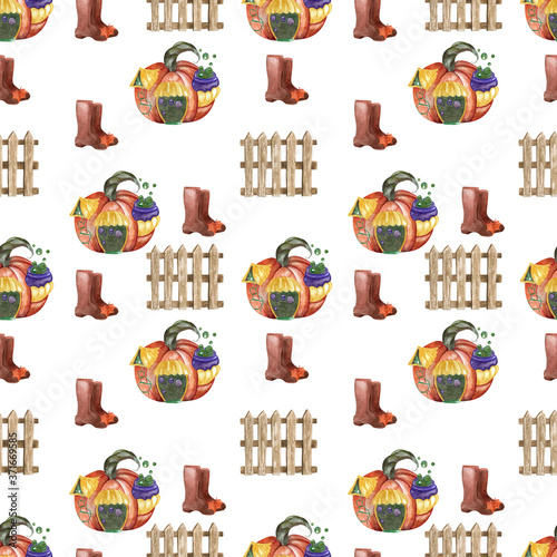 Halloween watercolor seamless pattern pumpkin and autumn isolated object on white background. For fabric and paper design
