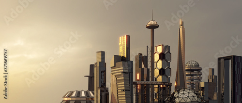 Scifi futuristic city skyline panorama, 3D Illustration