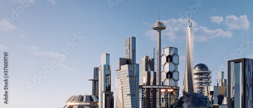 Scifi futuristic city skyline panorama, 3D Illustration