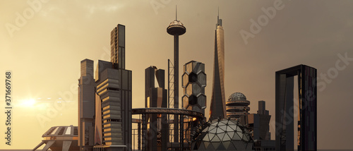 Scifi futuristic city skyline panorama, 3D Illustration
