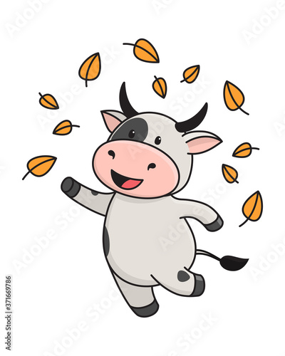A cute bull or cow jumps and throws up yellow autumn leaves. 2021 is the year of the Ox in the Eastern calendar. Vector stock flat illustration isolated on a white background