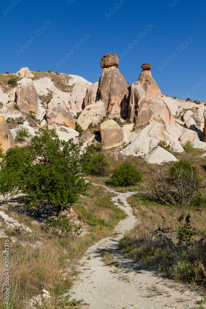 Volcanic rock formations known as Fairy Chimneys in Cappadocia, Turkey