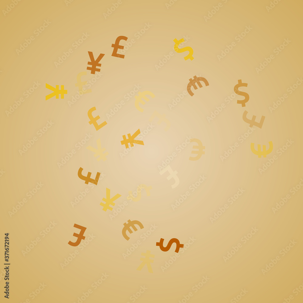 Euro dollar pound yen golden signs scatter money vector illustration. Deposit concept. Currency 