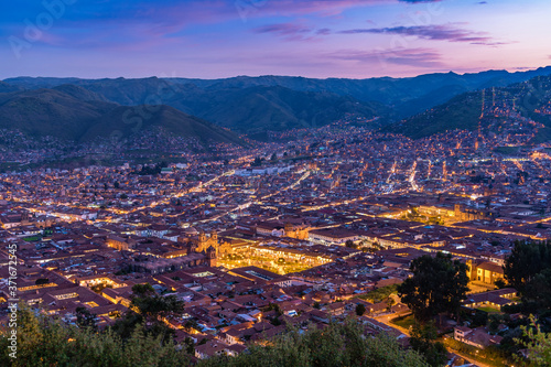 Cusco cityscape at sunset in Peru, South America.