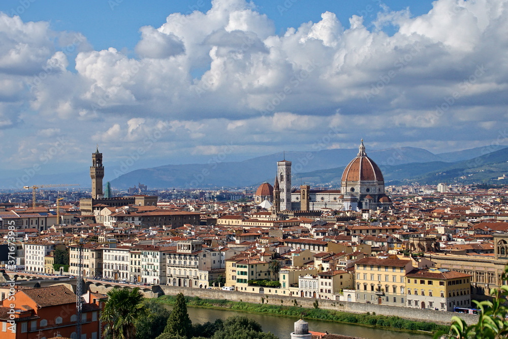 Panoramic view over the city of Florence from Michelangelo Square called Piazzale Michelangelo - Tuscany, Italy