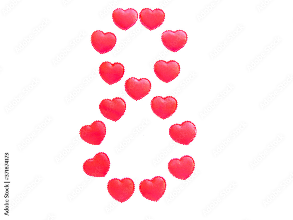 The number eight is made up of small red hearts isolated on a white background. Bright red font.