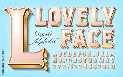 An Elegant and Ornate Alphabet in Rose and Pearl Tones on a Light Blue Background. This Soft Pink Font Has Elaborate Serifs and 3d Gilded Depth; A Sweet Reimagining of Old West or Circus Typography.