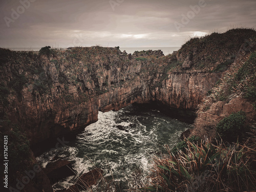 Punakaiki pancake rocks and blowholes over the cloudy weather