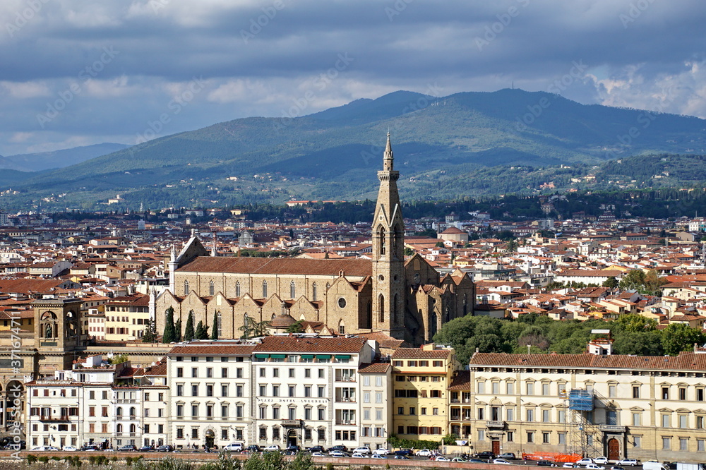 View of the beautiful Basilica di Santa Croce and the city of Florence from Michelangelo Square