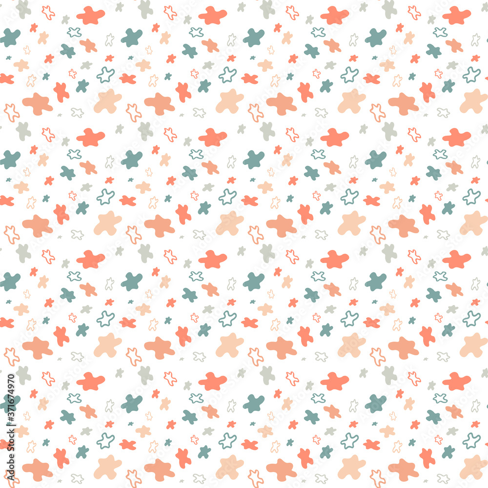 Seamless repeat pattern, irregular colorful plump shapes, both with and without fill. Playful design with white background. Jpg illustration.