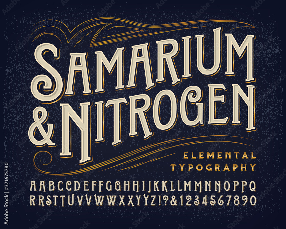 Samarium and Nitrogen Ornate Font. This Original Alphabet Has a Classic Victorian Style with Modern Touches. Ideal for Classy or Upscale Branding, Liquor, High Fashion, Fine Personal Products, etc.