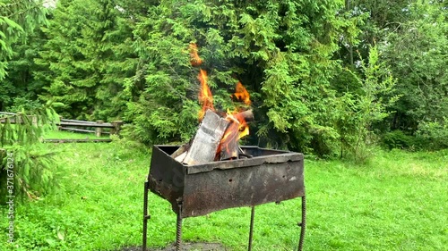 Burning firewood in brazier Summer camping picnic time 