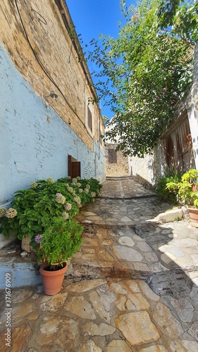 old stone house. Narrow street. Flowers in a pot