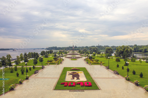 panoramic view of Strelka-the main square of the city at the confluence of rivers and the monument of the 1000th anniversary on a summer day  cloudy sky in Yaroslavl Russia