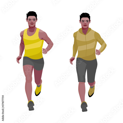 Running black athlete in the summer and warm sports clothing (two figures)