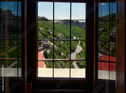 View from window to Meteora landscape in Greece