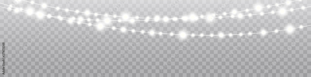 Christmas lights isolated realistic design elements. Glowing lights for Xmas Holiday cards, banners, posters, web design.