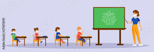 Teacher and pupils wearing face masks in classroom. Back to school in New normal. Gray background.