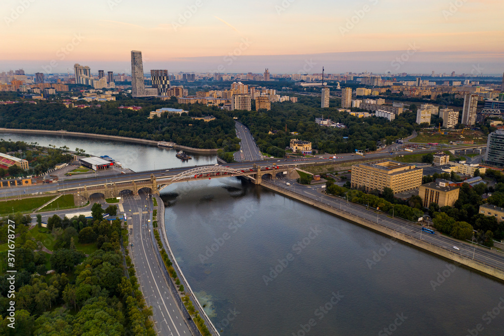 panoramic view of the big river in the city at sunrise