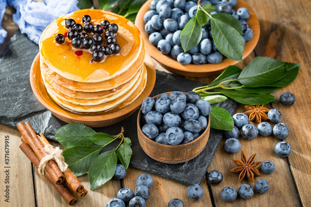 Blueberries with pancakes. Dessert breakfast. Blueberries with pancakes. Dessert breakfast.