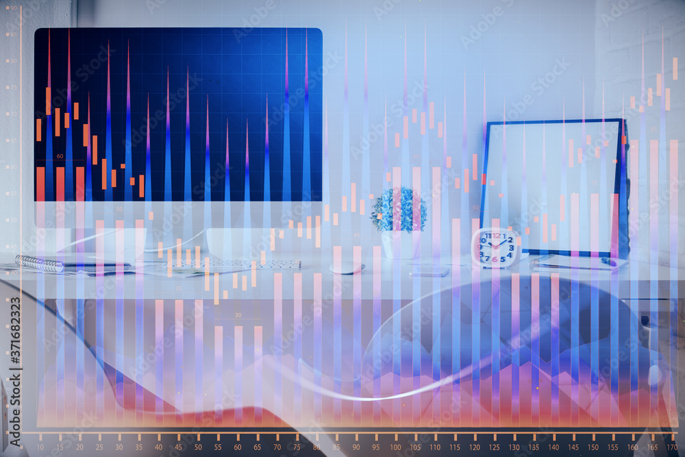 Multi exposure of stock market chart drawing and office interior background. Concept of financial analysis. Multi exposure of stock market chart drawing and office interior background. Concept of financial analysis.