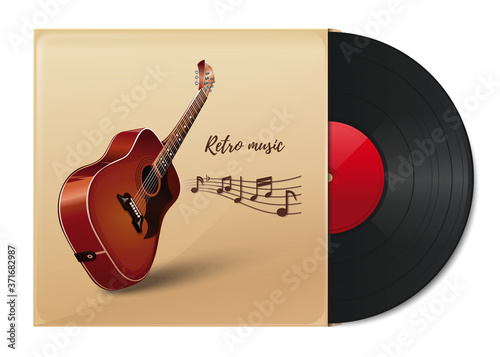 Wooden acoustic guitar and music notes. Musical instrument. Music concept design. Realistic vector illustration