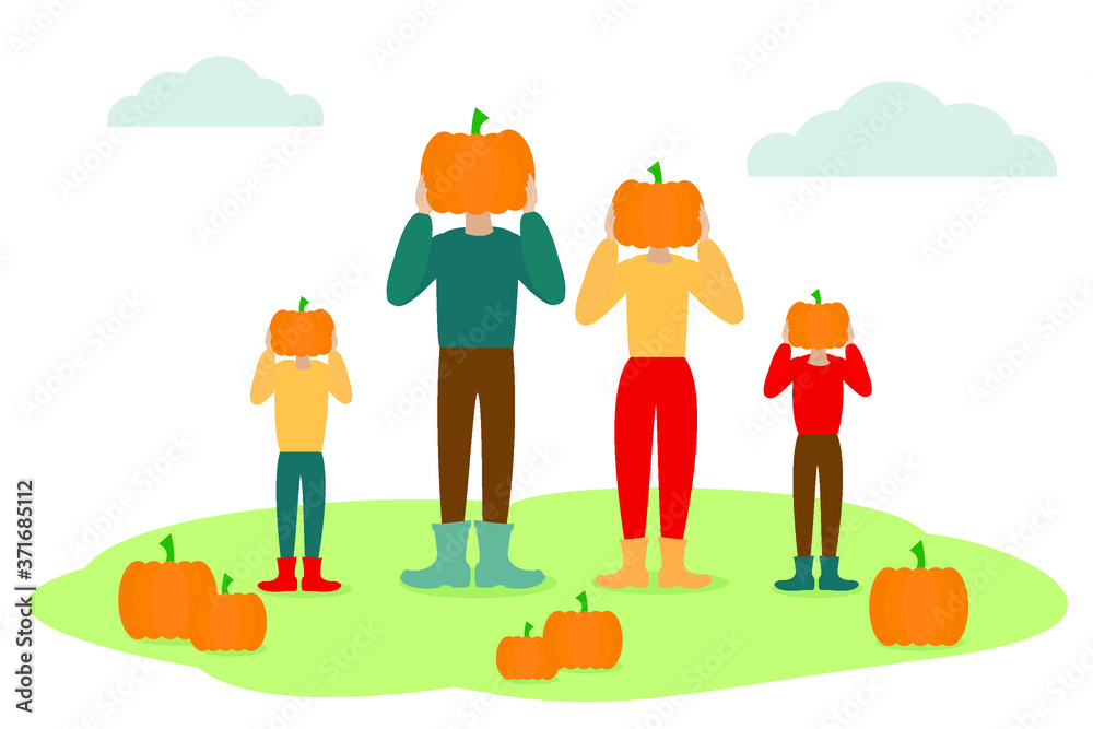 Dad, mother and kids holding pumpkins in hands in front of they heads. American and canadian autumn family tradition of picking pumpkins on patch for carving. Dad, mother and kids holding pumpkins in hands in front of they heads. American and canadian autumn family tradition of picking pumpkins on patch for carving.