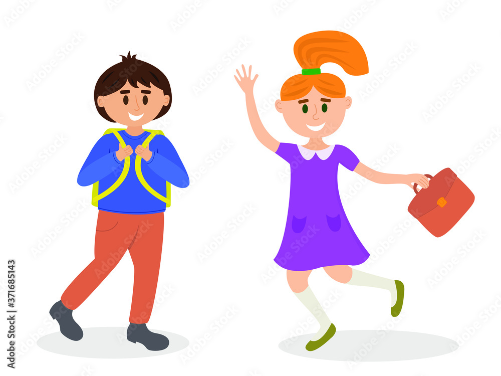 Happy schoolboy and schoolgirl meet and go to school. Smiling kids back to school. Vector cartoon illustration. Happy schoolboy and schoolgirl meet and go to school. Smiling kids back to school. Vector cartoon illustration.