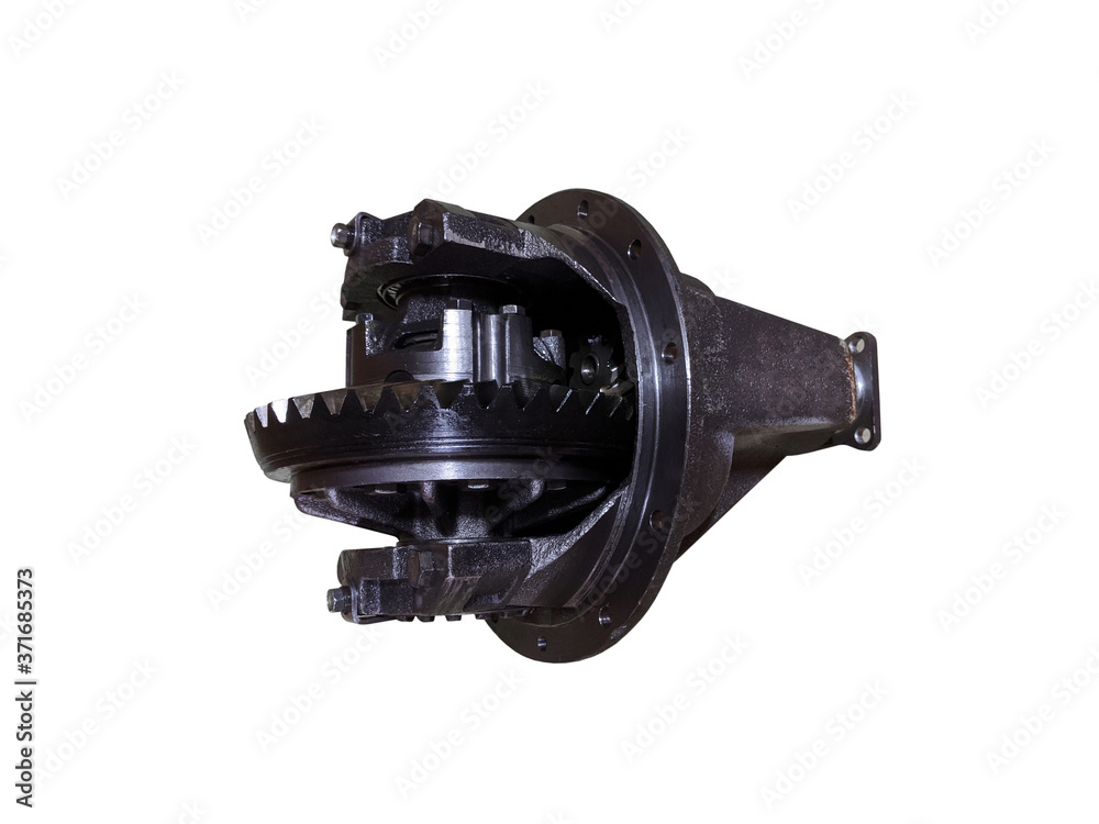 Differential rear axle of the car. Rear-wheel drive truck gearbox on isolated white background. Differential rear axle of the car. Rear-wheel drive truck gearbox on isolated white background.