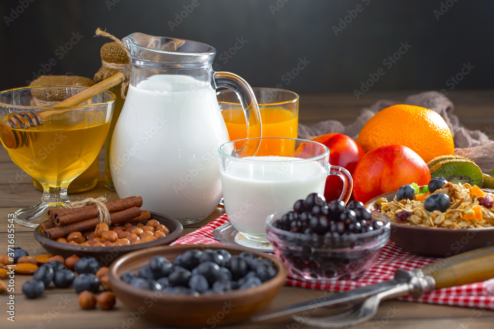 Healthy breakfast on an old background. The concept of tasty and healthy food. Healthy breakfast on an old background. The concept of tasty and healthy food.