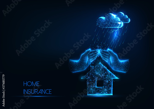 Futuristic home insurance concept with glowing low polygonal house, hands and storm clouds