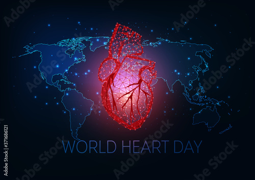 Futuristic World health day concept with glowing low polygonal anatomical heart and world map on dark blue
