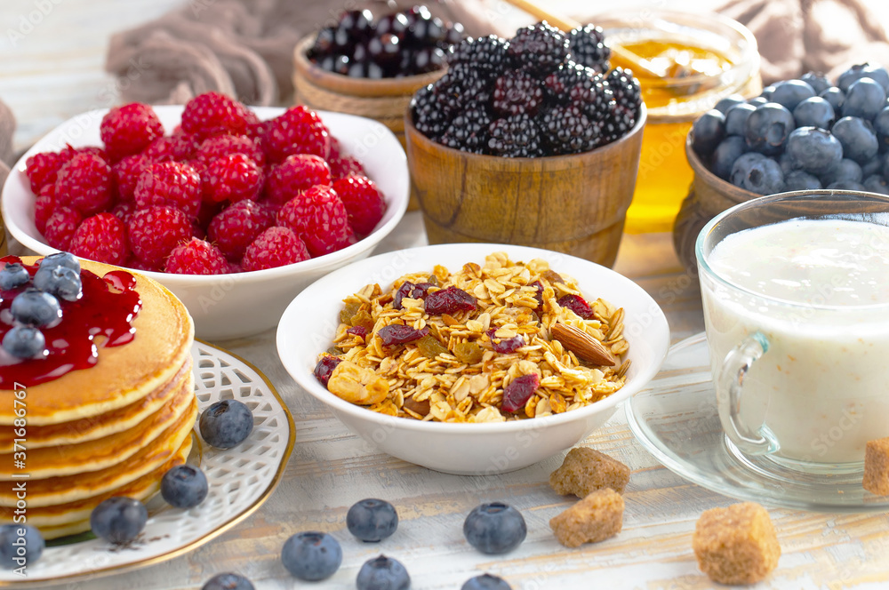 Healthy breakfast on an old background. The concept of tasty and healthy food. Healthy breakfast on an old background. The concept of tasty and healthy food.