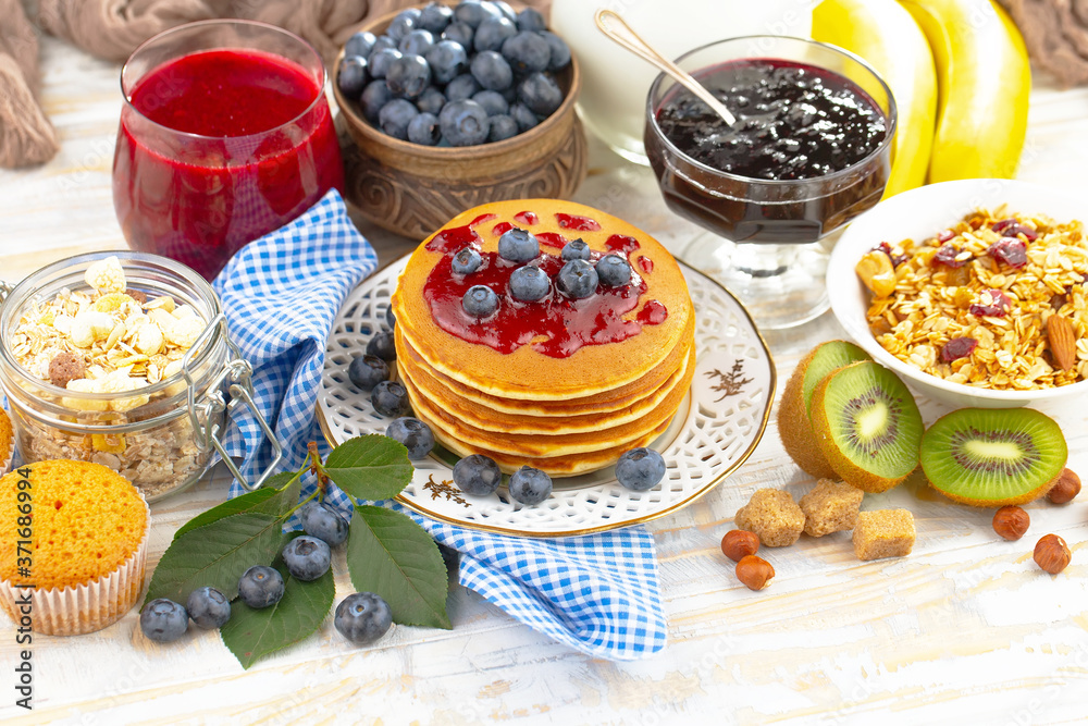 Healthy breakfast on an old background. The concept of tasty and healthy food.