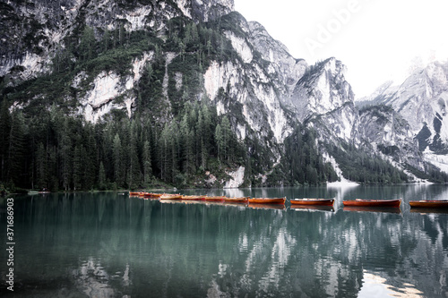 Boats on lake Braies, Italy