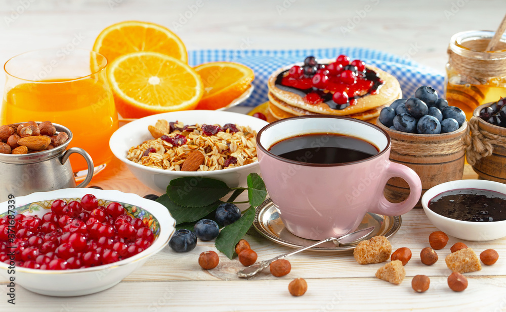 Healthy breakfast on an old background. The concept of tasty and healthy food. Healthy breakfast on an old background. The concept of tasty and healthy food.