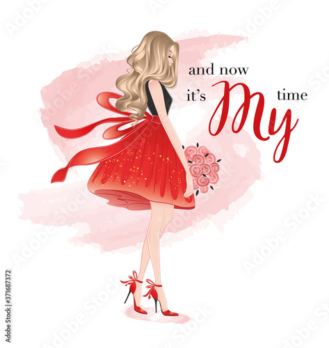 beautiful blonde lady with bouquet in red dress