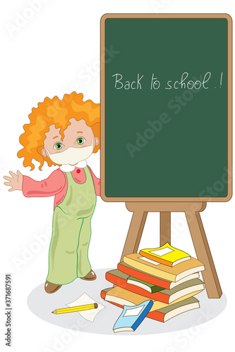 A child with a blackboard explains the anti-COVID-19 precautions for the school
