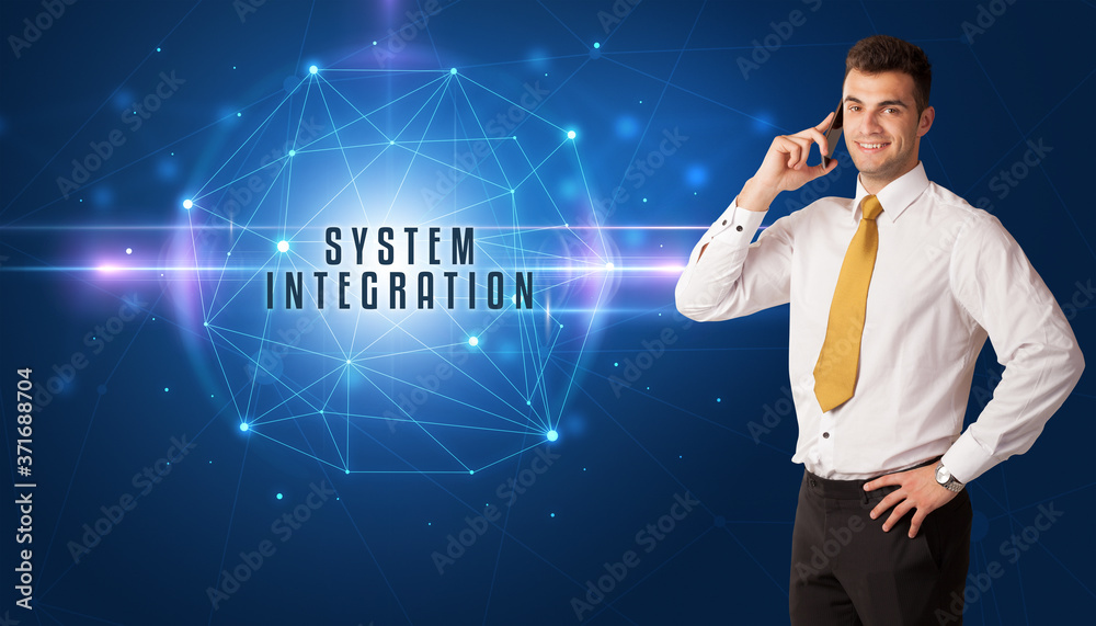 Businessman thinking about security solutions with SYSTEM INTEGRATION inscription Businessman thinking about security solutions with SYSTEM INTEGRATION inscription
