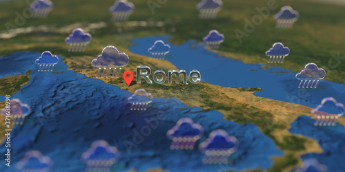 Canvas Print Rome city and rainy weather icon on the map, weather forecast related 3D renderi