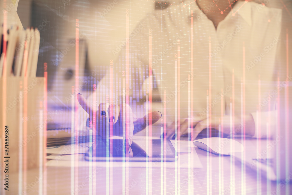 Double exposure of forex chart sketch hologram and woman holding and using a mobile device. Financial market concept. Double exposure of forex chart sketch hologram and woman holding and using a mobile device. Financial market concept.