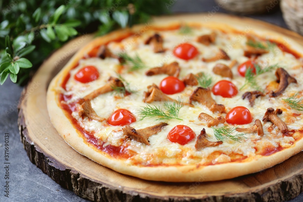 Organic pizza on rice dough with chanterelle mushrooms, cherry tomatoes and mozzarella. Organic pizza on rice dough with chanterelle mushrooms, cherry tomatoes and mozzarella.