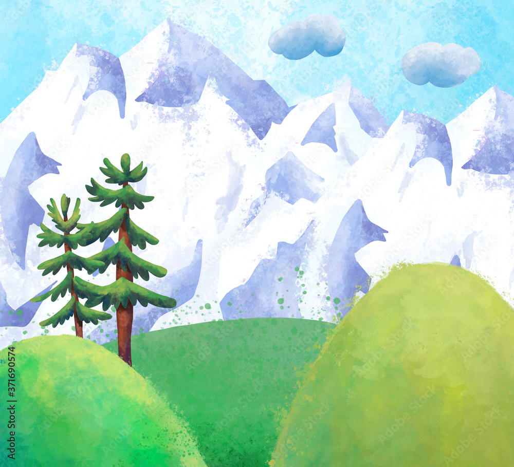 Watercolor mountain landscape with trees and snowy mountains corner