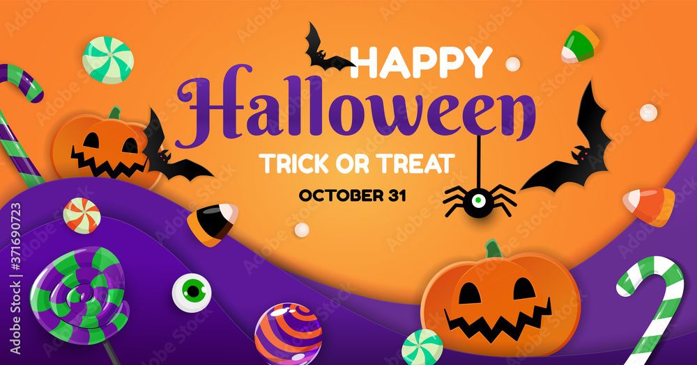 Happy Halloween  banner with sweets, pumpkins, bats and spider. Vector illustration. 