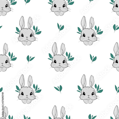 Seamless Pattern Rabbit. Hand Drawn Bunny, print design rabbit white background. Seamless. Print Design Textile for Kids Fashion. © Alsu Art