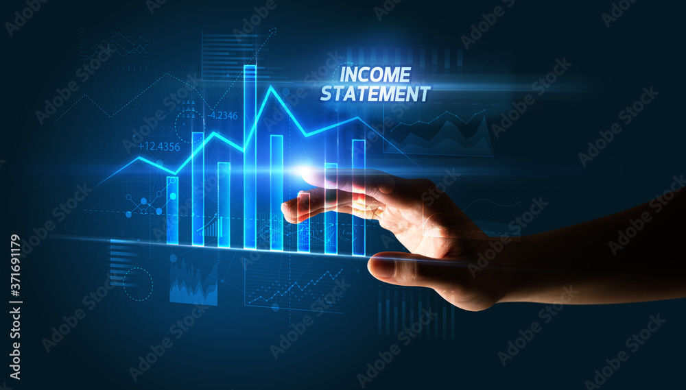 Hand touching INCOME STATEMENT button, business concept Hand touching INCOME STATEMENT button, business concept