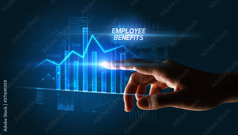 Hand touching EMPLOYEE BENEFITS button, business concept Hand touching EMPLOYEE BENEFITS button, business concept