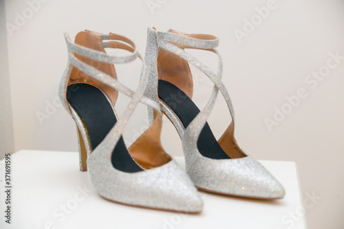 Silver High Heel Wedding Bride Shoes on White Background