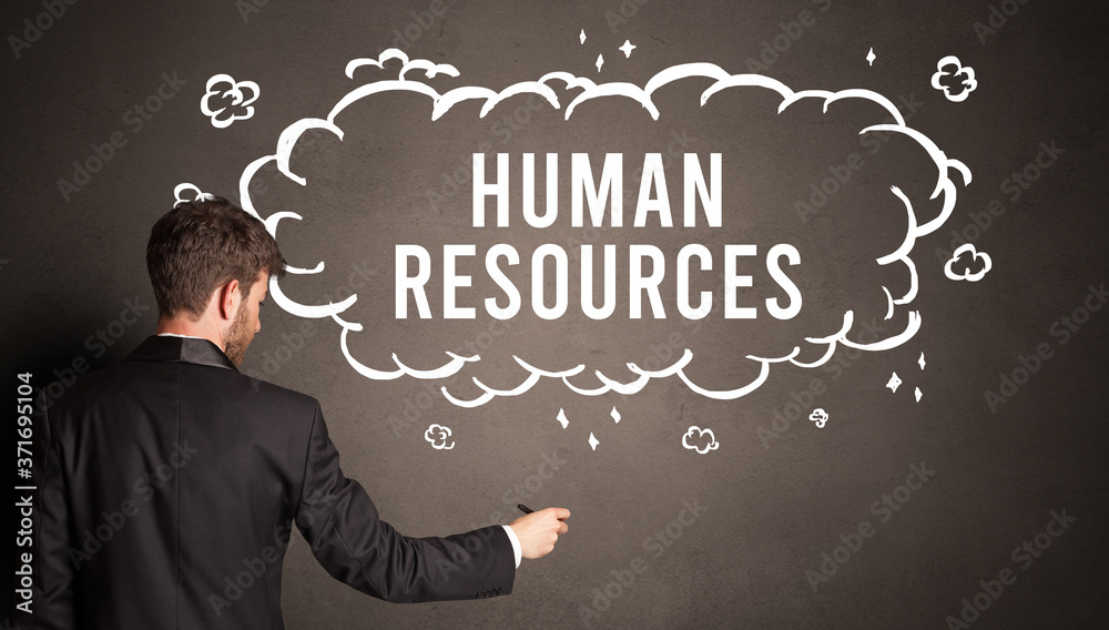 businessman drawing a cloud with HUMAN RESOURCES inscription inside, modern business concept businessman drawing a cloud with HUMAN RESOURCES inscription inside, modern business concept